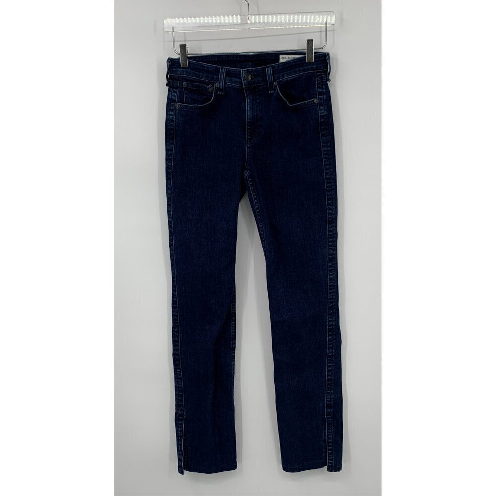 Rag & Bone Cate mid-rise flare jeans denim Night blue dark wash hem side slit 27